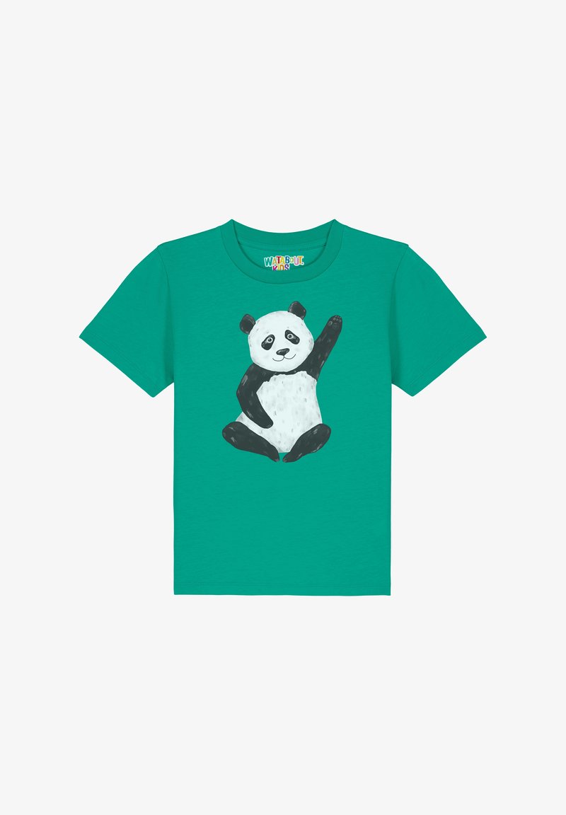 Teal T-shirt met een panda-illustratie, voornamelijk zwart-wit, met zijn arm omhoog. Gemaakt van zachte katoen, met korte mouwen.