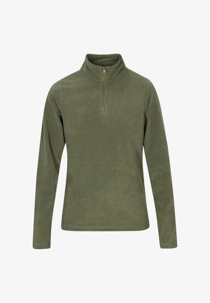 Fleece pullover i olivengrøn, med høj krave og halv lynlås. Blød tekstur med lange ærmer og en tætsiddende design.