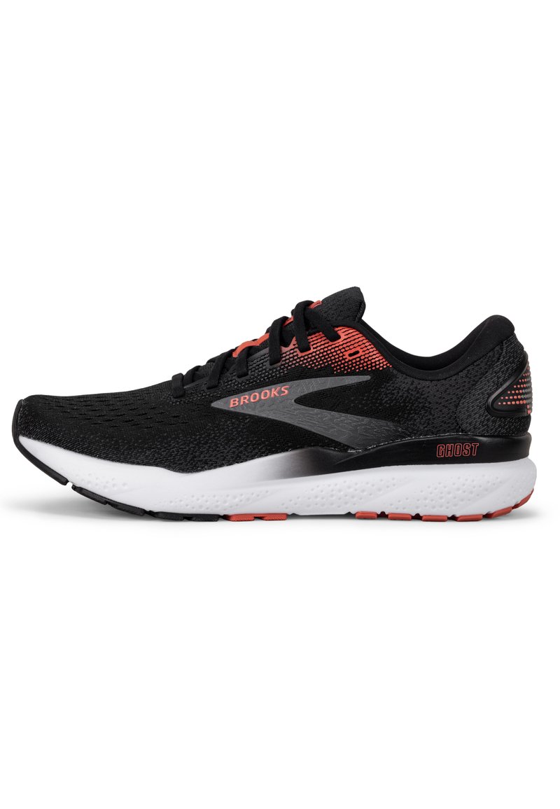 Scarpa da corsa nera con tomaia in rete, dettagli rossi e logo Brooks. Presenta una intersuola bianca ammortizzata e una suola nera resistente.