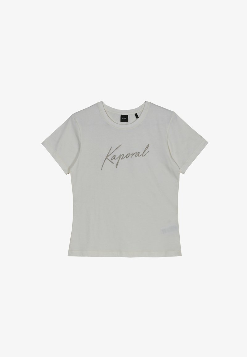 T-shirt en coton blanc avec un design textuel "Kaporal" en paillettes argentées, à manches courtes et à col rond. Forme simple et classique.