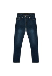 Jeans de mezclilla azul oscuro con un ajuste Slim. Presentan cinco bolsillos, un cierre de cremallera y costuras amarillas en contraste a lo largo de las costuras.