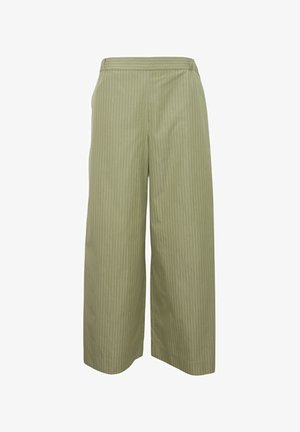 Pantaloni a gamba larga verde a righe, realizzati in un tessuto leggero, con vita alta, texture delicata e righe verticali.