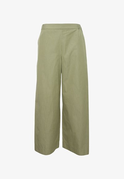 Pantaloni a gamba larga verde a righe, realizzati in un tessuto leggero, con vita alta, texture delicata e righe verticali.