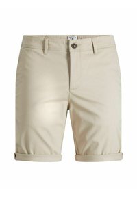 Shorts en coton beige avec un ourlet roulé, une fermeture à boutons sur le devant et des passants pour ceinture ; texture lisse et style classique à cinq poches.
