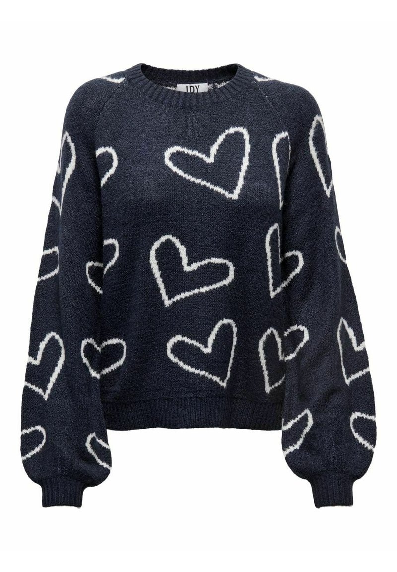 Marinblå stickad tröja med vita hjärt-mönster, rund halsringning och långa ärmar med ribbade muddar och nederkant. Mjuk textur, avslappnad passform.