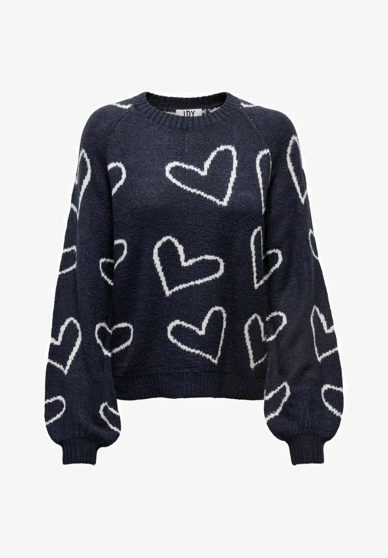 Pull en maille navy avec des motifs de cœurs blancs, col rond et manches longues avec des bords côtelés et un ourlet. Texture douce, coupe décontractée.