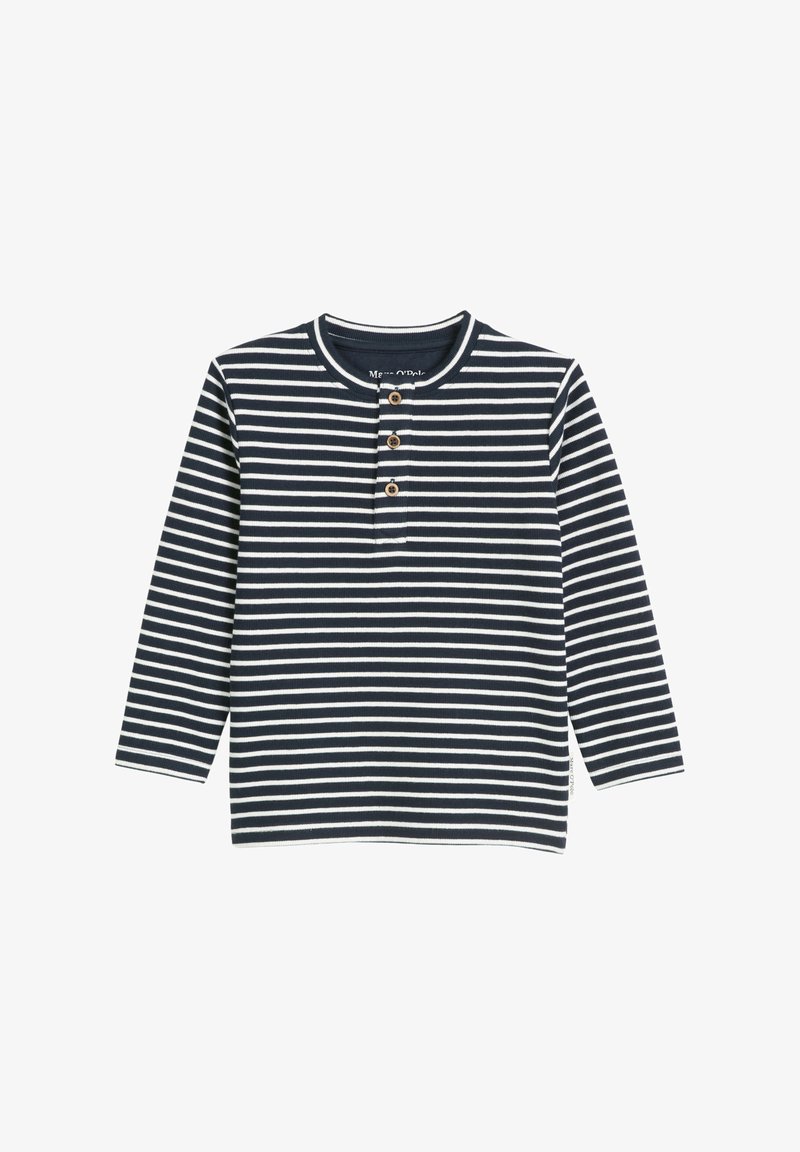 Long-sleeve striped shirt in navy and white, featuring a crew neckline, three-button placket, and a soft, ribbed texture.