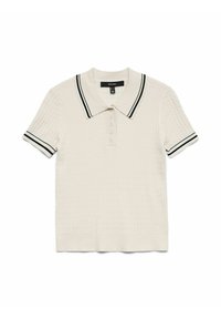Polo bianco con tessuto texturizzato, strisce nere sul colletto e sulle maniche, e patta con cinque bottoni. Maniche corte, design aderente.
