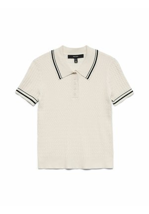 White polo shirt with textured fabric, black striping on the collar and sleeves, and five-button placket. Short sleeves, fitted design.