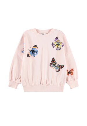 Ανοιχτό ροζ φούτερ με ελαστικούς μανσέτες και στρίφωμα, διακοσμημένο με πολύχρωμα κεντημένα πεταλούδες στο μπροστινό μέρος και στα μανίκια.