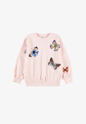 Svetlo roza pulover s elastičnimi manšetami in robom, okrašen z barvitimi vezenimi metulji na sprednji strani in rokavih.