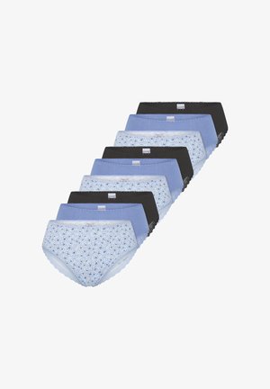 Confezione da sette mutandine da donna che presenta una combinazione di blu scuro e nero tinta unita, insieme a un motivo floreale azzurro chiaro, realizzate in tessuto elasticizzato.