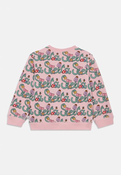 Ružová mikina so vzorom opakujúcich sa kvetov, húb a kreslených zvierat. Vyrobená z mäkkej tkaniny s rebrovanými manžetami a lemom.