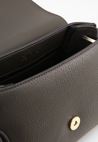 Borsa in pelle Calvin Klein di un verde oliva tenue. Superficie morbida e testurizzata con hardware dorato e una chiusura. Interno foderato in tessuto nero.