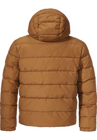 Braune Daunenjacke mit gestepptem Design, Kapuze und elastischen Bündchen. Glattes Material mit einem leichten Glanz und ohne sichtbare Verschlüsse.