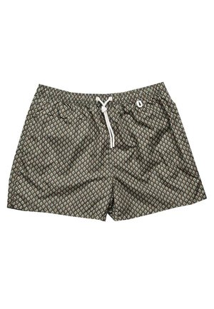 Costume da bagno da uomo con piccolo motivo a rombi in verde scuro e beige, con vita con coulisse bianca.