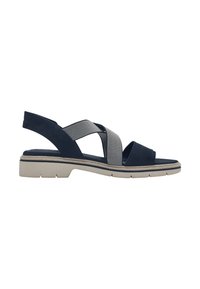 Navy blue sandal with cross straps made from suede and elastic textile, featuring a chunky beige rubber sole and open toe design.