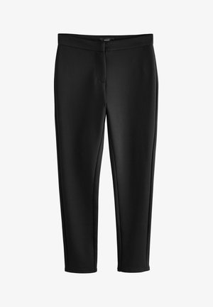 Black leggings with a smooth, stretchy fabric. Features a high waistband, close-fitting silhouette, and stitched seam detailing.