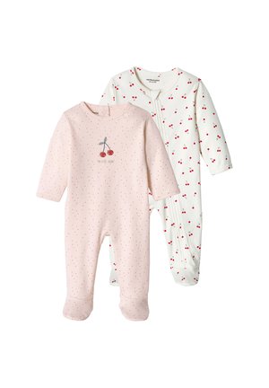 Two baby onesies, one pink with small red dots and cherry graphic, the other white with red cherry pattern and front zipper.