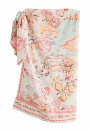 Sarong pastel deschis cu imprimeuri florale, lămâi, ancore, pești și oraș de la malul mării, legat într-un nod pe lateral.