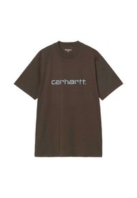 T-shirt in cotone marrone con collo rotondo, maniche corte e logo "carhartt." in azzurro chiaro stampato sulla parte anteriore.