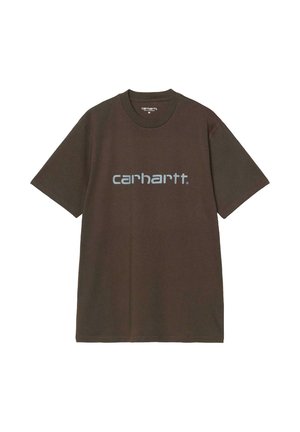T-shirt in cotone marrone con collo rotondo, maniche corte e logo "carhartt." in azzurro chiaro stampato sulla parte anteriore.