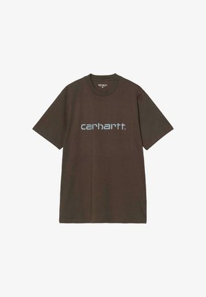 T-shirt en coton marron avec col rond, manches courtes, et logo "carhartt." bleu clair imprimé sur le devant.