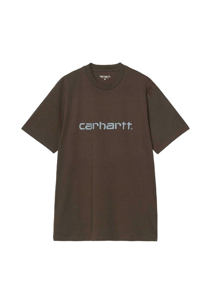 T-shirt in cotone marrone con collo rotondo, maniche corte e logo "carhartt." in azzurro chiaro stampato sulla parte anteriore.