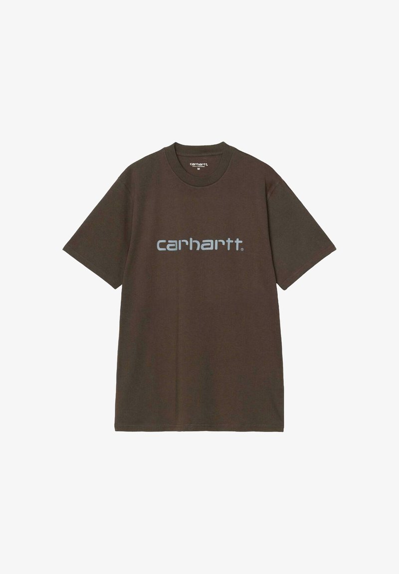 T-shirt in cotone marrone con collo rotondo, maniche corte e logo "carhartt." in azzurro chiaro stampato sulla parte anteriore.