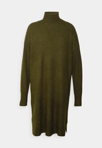 Knee-length olivgrön stickad klänning med långa ärmar och hög krage.