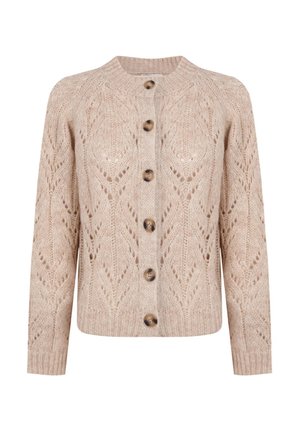 Knit cardigan vaalean beige-värissä, jossa on kukkakuvioinen pitsikuvio, pyöreä pääntie ja viisi puista nappia edessä. Pitkät hihat.