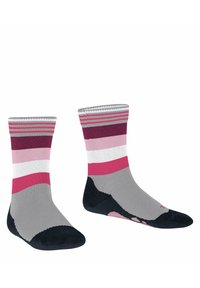 Bunte Socken mit einer Mischung aus rosa, grau und lila Streifen. Verstärkter Zehen- und Fersenbereich in Dunkelgrau. Weicher, strukturierter Stoff.