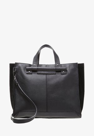 Bolso de mano de cuero negro con asas cortas y una correa larga desmontable, con costuras mínimas y un acabado suave.