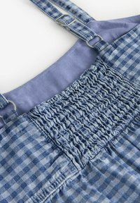 Sininen ja harmaa ruudullinen mekko, jossa on smocked-pinta ja säädettävät olkaimet. Kankaan materiaali on pehmeää puuvillaa, jossa on sileä rakenne ja hienovarainen kuvio.