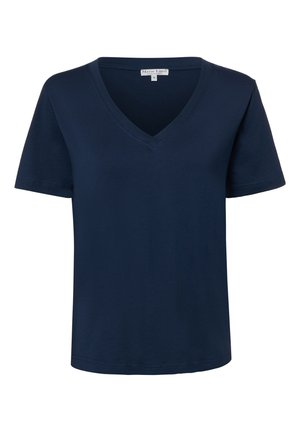 Granatowa koszulka z krótkim rękawem i dekoltem w serek z małą metką wewnątrz kołnierzyka, rozmiar mały.