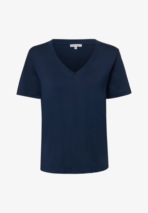 Granatowa koszulka z krótkim rękawem i dekoltem w serek z małą metką wewnątrz kołnierzyka, rozmiar mały.