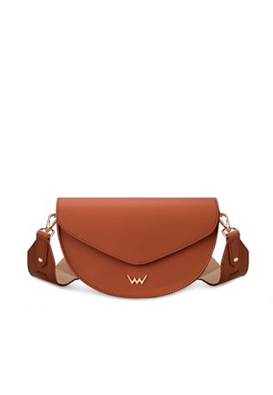 Brown leather shoulder bag with a rounded flap, gold hardware, and adjustable strap. Features a smooth texture and an embossed logo.