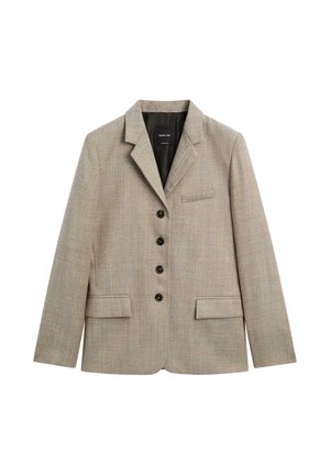 Beiger Blazer aus strukturiertem Stoff, mit Reverskragen, sechs schwarzen Knöpfen und zwei Fronttaschen. Einzelne Brusttasche mit dezenten Details.