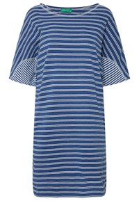 Vestido corto de manga corta azul con rayas blancas, hecho de una tela suave. Presenta un corte relajado y mangas anchas. Escote redondo sencillo.