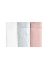 Drie paar leggings: wit, lichtgrijs met een gemêleerd patroon en roze. Elk heeft een aansluitend ontwerp en een elastische tailleband met branding.