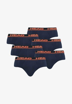 Six pairs of navy blue briefs with black waistbands featuring "HEAD" in orange letters.