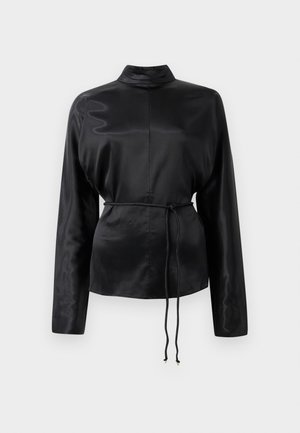 Black satin long-sleeve shirt with a high collar, cinched waist, and adjustable drawstring detail. Smooth texture with a sleek finish.