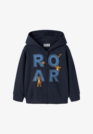 Marine blauwe rits-hoodie in katoenmix met grote blauwe letters die "ROAR" spellen en speelse tijgerillustraties op de voorkant. Beschikt over een capuchon en geribde manchetten.