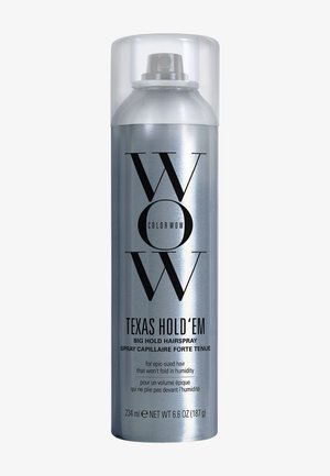 Sølv aerosol dåse af Color Wow Texas Hold'em Big Hold Hairspray, 234 ml, med sort tekst og klar plastik låg.
