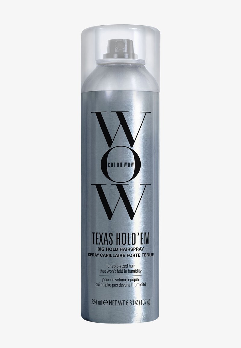 Silberne Aerosoldose von Color Wow Texas Hold'em Big Hold Haarspray, 234 ml, mit schwarzem Text und transparentem Kunststoffdeckel.