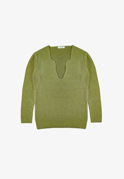 Pull en tricot côtelé vert avec un décolleté en V profond et des manches longues. Le tissu présente une apparence texturée, ce qui renforce son intérêt visuel.