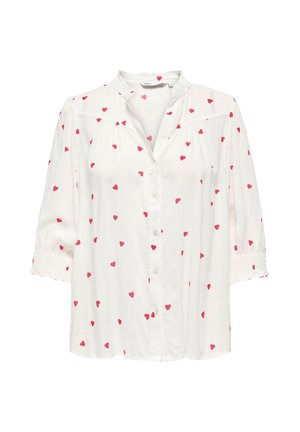 Biała bluzka z małym nadrukiem czerwonych serc, zapinana na guziki z przodu, z kołnierzykiem stójkowym oraz rękawami o długości 3/4 z marszczonymi mankietami. Wykonana z lekkiego materiału.