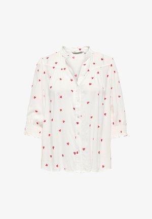 Biała bluzka z małym nadrukiem czerwonych serc, zapinana na guziki z przodu, z kołnierzykiem stójkowym oraz rękawami o długości 3/4 z marszczonymi mankietami. Wykonana z lekkiego materiału.