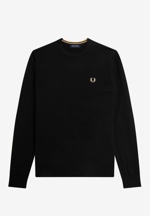 Pull noir à manches longues, col rond, fabriqué en tissu doux. Présente un petit logo doré sur la poitrine et un bord de col rayé jaune.