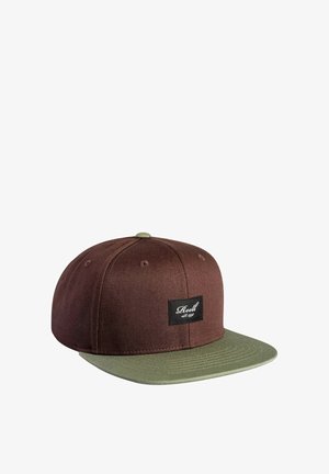 Brown and olive green snapback cap with flat brim and black patch displaying white "Reell est. 1997" text on front panel.
